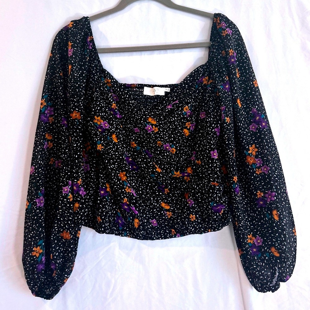 ASTR The Label Black Purple Floral Smocked Wrap Blouse Square Neck Whimsigoth M